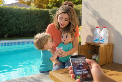 Image montrant au bord d’une piscine, une mère tenant son plus jeune enfant dans les bras tandis qu’un autre enfant tend un verre d’eau. La mère, vêtue d’un t-shirt orange, affiche un air inquiet. À droite, un petit meuble ouvert fixé au mur contient deux bidons de produits chlorés pour piscine. Au premier plan, une main tient un smartphone affichant un appel en cours vers le Centre Antipoisons (070 245 245)