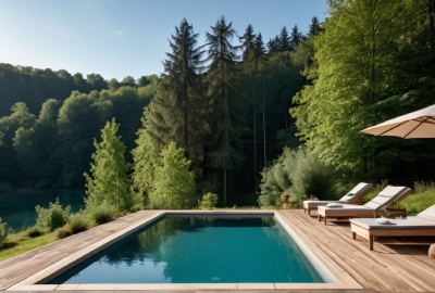 Image montrant une piscine moderne et rectangulaire, entourée d'un large deck en bois clair. À droite, trois chaises longues avec coussins blancs sont disposées sous un grand parasol beige, offrant un espace de détente. En arrière-plan, une forêt dense composée de hauts sapins et d'arbres feuillus s'étend sous un ciel bleu clair. L'eau de la piscine est limpide, reflétant subtilement la végétation environnante, ce qui crée une atmosphère paisible et naturelle, typique d'un cadre inspiré des Ardennes