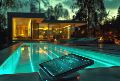 Image montrant une piscine moderne éclairée par des lumières LED turquoise, créant une ambiance élégante et futuriste à la tombée de la nuit. Au premier plan, un smartphone posé sur le rebord de la piscine affiche une interface technologique, probablement pour contrôler les paramètres de la piscine. En arrière-plan, une maison contemporaine avec de grandes baies vitrées laisse entrevoir un intérieur chaleureux et illuminé. La végétation environnante est légèrement visible dans l'obscurité, ajoutant une touche naturelle à ce cadre sophistiqué